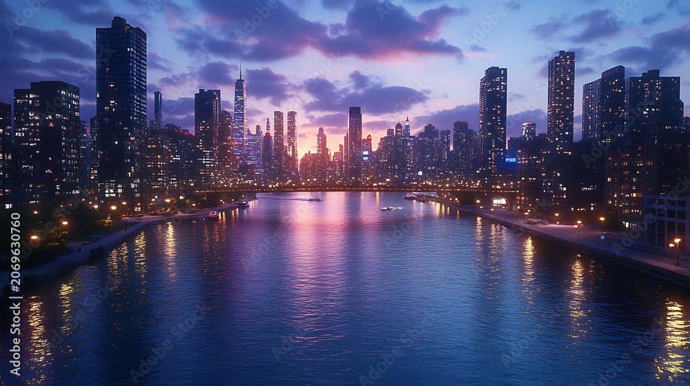 Fototapeta premium Cityscape sunset waterfront aerial view, twilight reflections