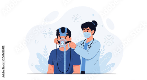 Doctor fitting CPAP mask on patient for sleep apnea treatment, illustrating respiratory care and medical consultation.