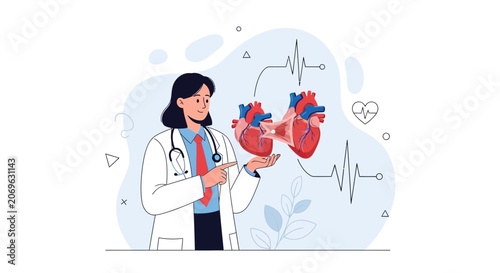 Doctor holding two human hearts with electrocardiogram lines, symbolizing cardiology and medical care