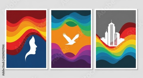 Three abstract posters featuring rainbow waves and various silhouettes.