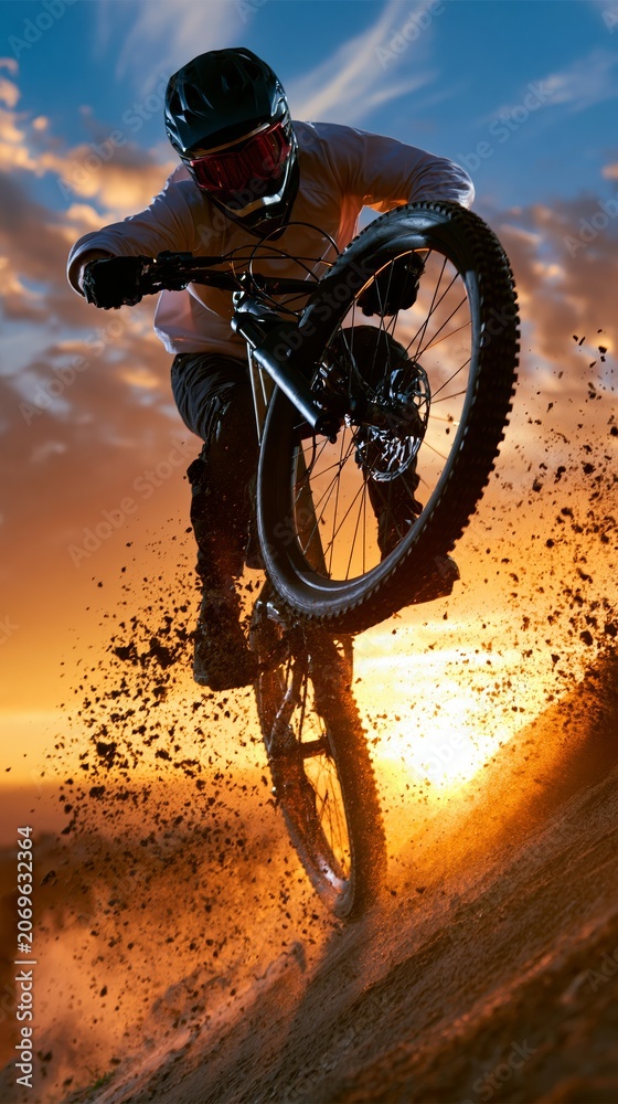 Naklejka premium Dynamic BMX rider launching an extreme aerial trick under vivid stadium lights with orange and teal glow and flying debris.