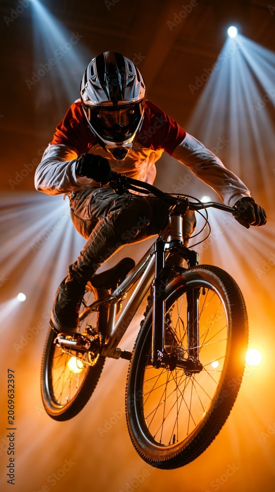 Naklejka premium Intense low-angle action shot of a BMX cyclist mid-trick under powerful stadium spotlights with dramatic dark background.
