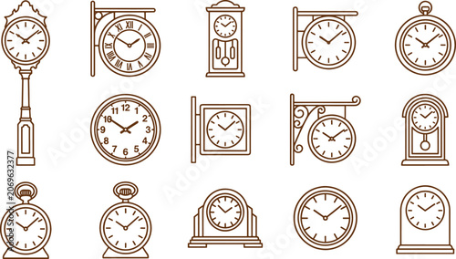 Set of various clock including street clocks, pocket watches, and mantel clocks with brown line on a white background