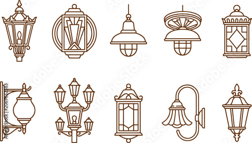 Assorted brown line of decorative street lamps, hanging lanterns, and wall lights with intricate details on a white background