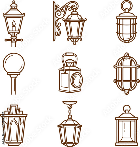Assorted brown line of outdoor lighting including street lamps, wall lanterns, and hanging fixtures for exterior architectural use