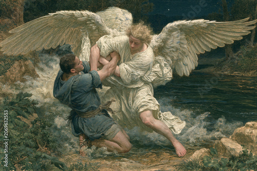 Jacob wrestling the angel at night beside a river, surreal divine encounter, dynamic motion and spiritual intensity.
