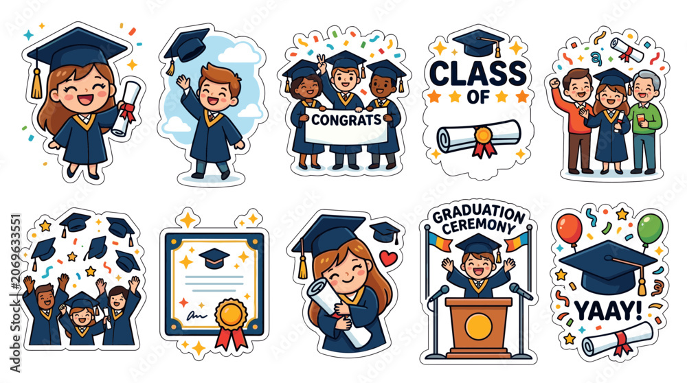 Fototapeta premium Graduation Sticker Set with Cute Students Celebrating School Achievement and Diploma Success