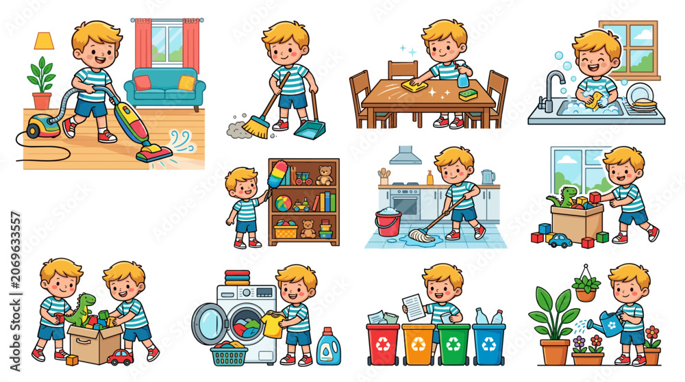 Naklejka premium Little Boy Cleaning House Activities and Domestic Chore Icons Set for Children