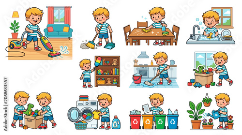 Little Boy Cleaning House Activities and Domestic Chore Icons Set for Children