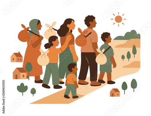 Family walking with bundles on a path under a sun journey migration refugees
