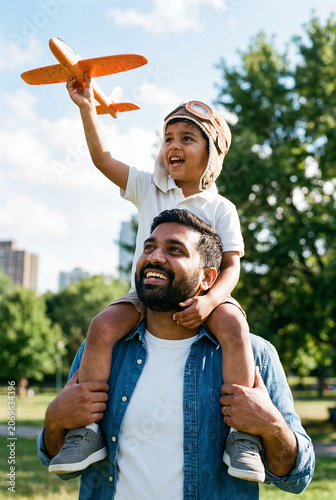 Father Carrying Son on Shoulders Playing with Toy Airplane