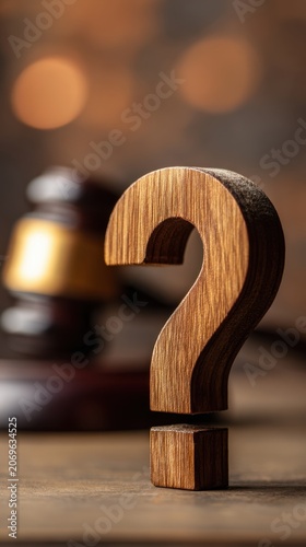 Wooden question mark symbol in sharp focus with blurred judge gavel in the background representing legal inquiries, justice, and courtroom dilemmas in soft lighting