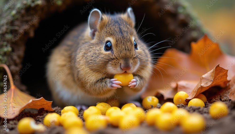 Naklejka premium Small brown vole mouse sits by burrow entrance eating yellow berry. Autumn leaves surround rodent in forest floor habitat. Wild animal collecting food for winter storage.