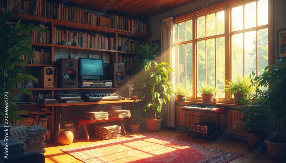 Fototapeta premium Cozy room with bookshelves, plants, musical instruments. Sunlight streams through window, illuminating peaceful study, music creation space. Home studio offers calm creative environment for hobbies.