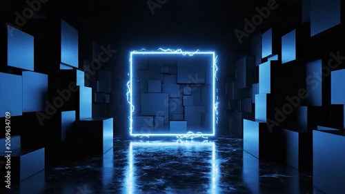 Futuristic blue neon portal glowing in a dark geometric room