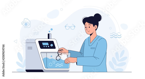 Optometrist or technician cleaning eyeglasses in specialized ultrasonic cleaning machine, modern healthcare concept