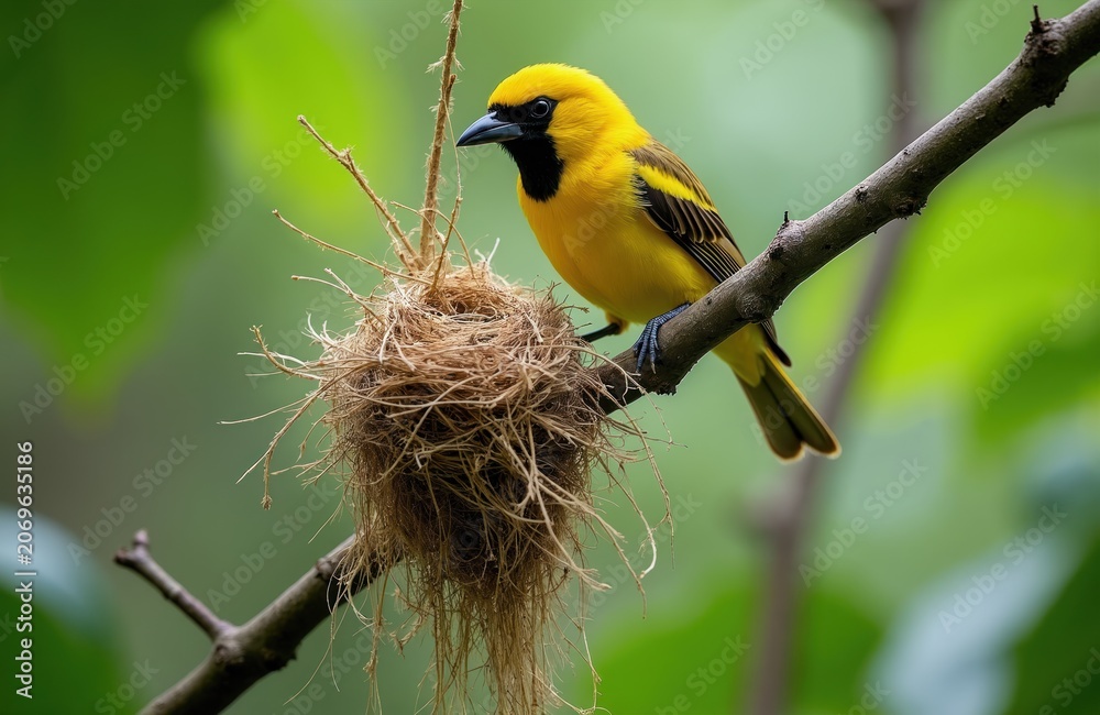 Naklejka premium Bright yellow bird perches on branch near its woven nest. Weaver bird with dark mask is ready to build more. Wild nature, zoology, wildlife, avian family life.