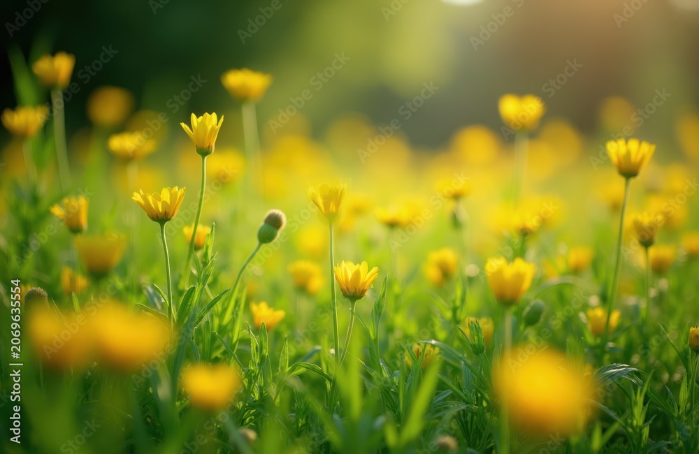 Obraz premium Field of yellow wildflowers blooming in bright sunlight. Green stems and leaves grow tall. Soft focus background creates bokeh effect. Nature scene.