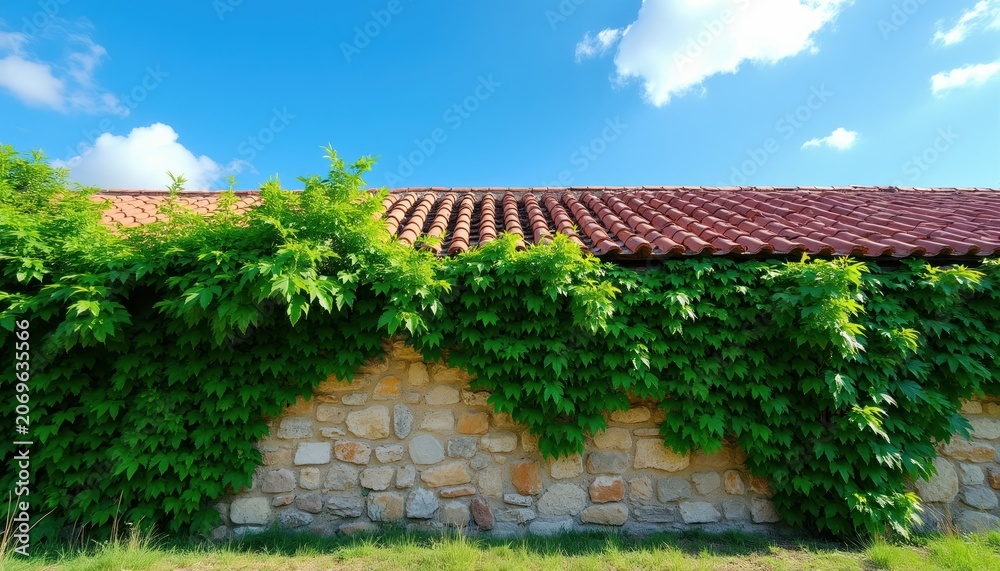 Fototapeta premium Green ivy climbs rustic stone wall under terracotta roof tiles. Bright blue sky with white clouds above. Rich foliage covers weathered building exterior.