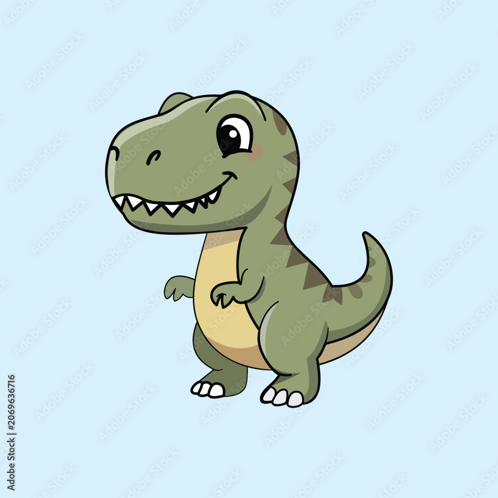 Fototapeta premium Simple hand drawn icon of a friendly smiling little tyrannosaurus rex baby dinosaur. Minimalist prehistoric animal element for kids birthday party decoration, nursery print, and cute sticker.