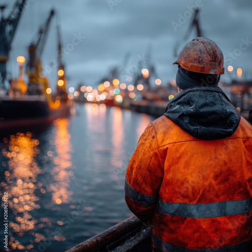 Worker in reflective orange jacket and helmet observing a harbor with cranes and glowing lights during an overcast evening near the water's edge