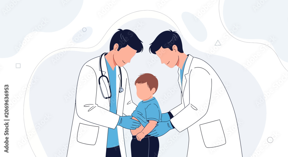 Fototapeta premium Two doctors examining a child in a modern, clean illustration style with abstract background elements. Focus on pediatrics and healthcare.