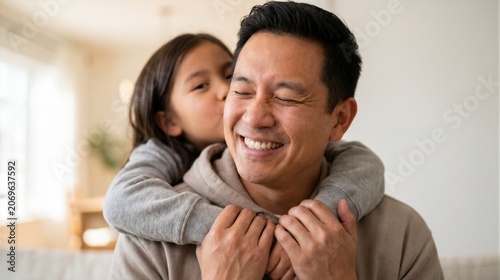 A young girl affectionately hugging and kissing her father on the cheek, both smiling warmly in a cozy home setting