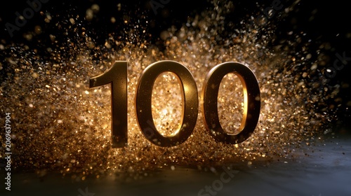 Shiny golden number one hundred surrounded by sparkling glowing glitter particles on dark background celebrating milestone and success concept
