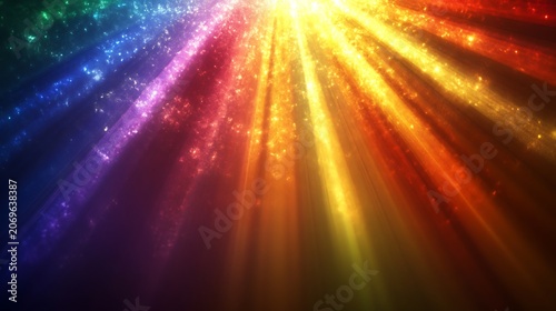 Rainbow light rays sparkle, dark background, digital art, design element