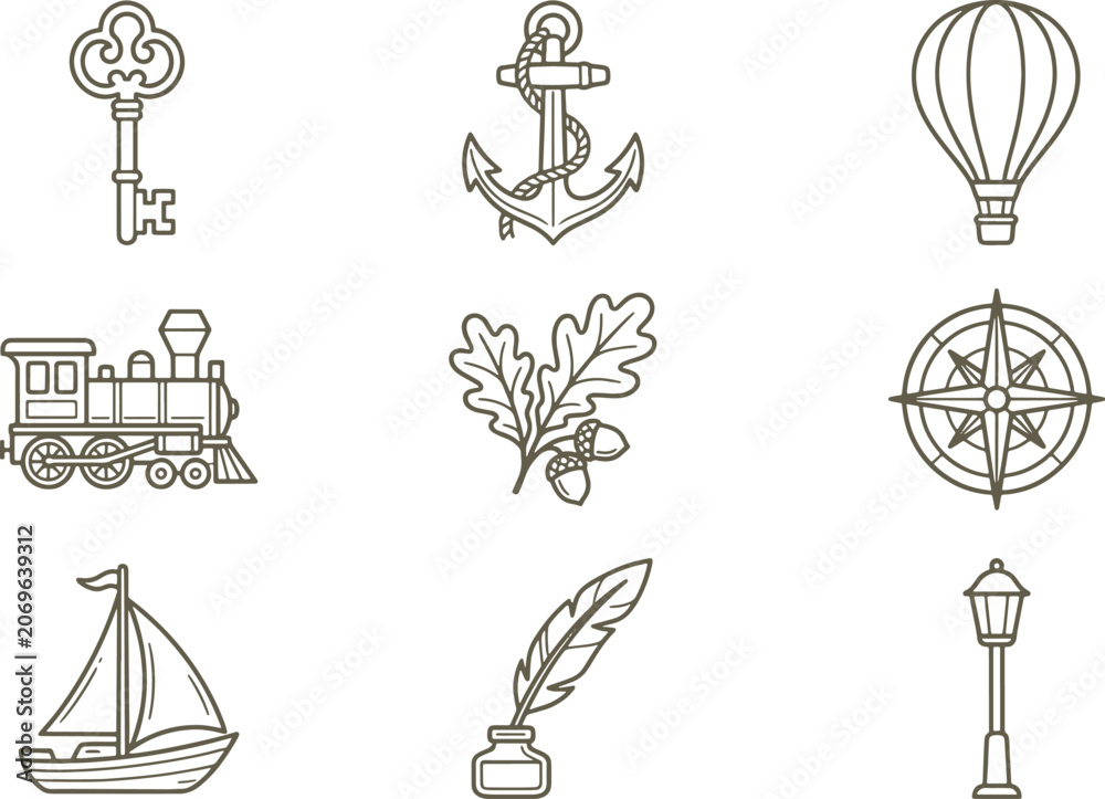 Naklejka premium Set of vintage featuring a key, anchor, hot air balloon, steam train, oak leaves, compass, sailboat, quill pen, and a street lamp