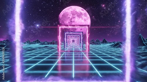 Retro futuristic landscape with neon grid and pink moon