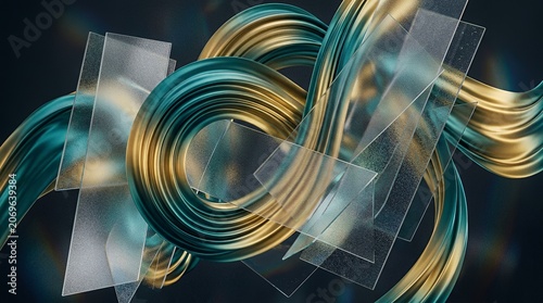 Abstract 3D gold and teal ribbons with glass.