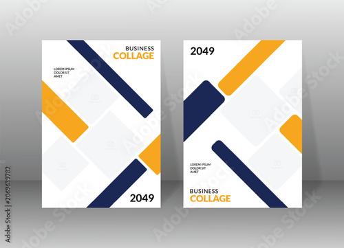 Corporate newsletter and business brochure cover template with yellow blue geometric grid. Creative annual report booklet design, company portfolio flyer layout with diamond photo collage.