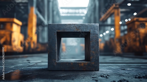 Rusty cube in industrial factory, product display