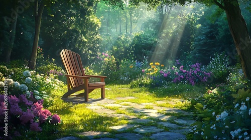 Serene garden chair, sunlit forest, floral path, peaceful scene