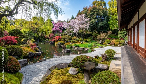 Serene Japanese Garden with Pond and Plants.