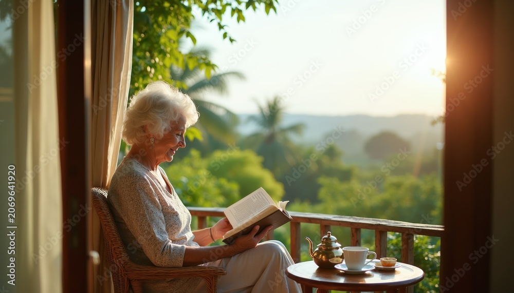 Obraz premium Elderly woman relaxes on balcony with book and tea. She enjoys morning sun and lush green view. Peaceful retirement lifestyle, calm vacation moment.