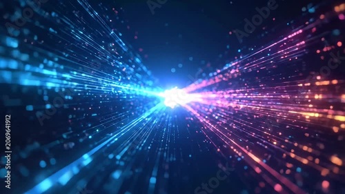 Abstract digital background with glowing blue and pink data lines converging to a bright center