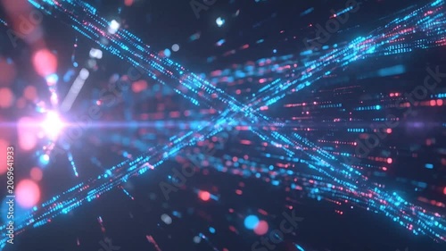 Abstract digital background with glowing blue and red particles forming light trails and bokeh effect