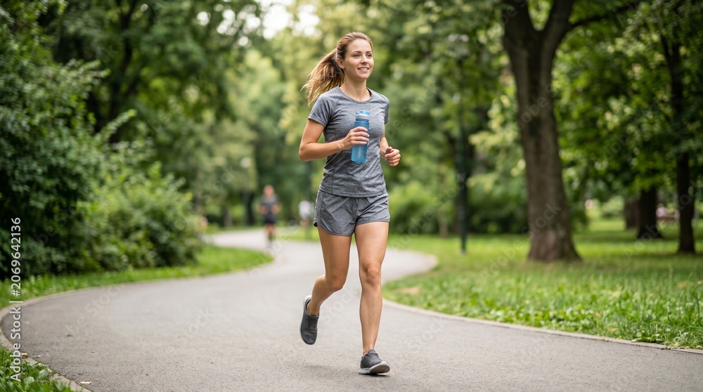 Obraz premium Fit woman running in the park while carrying a water bottle
