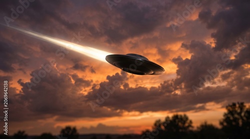 Mysterious ufo over glowing sunset with dramatic clouds