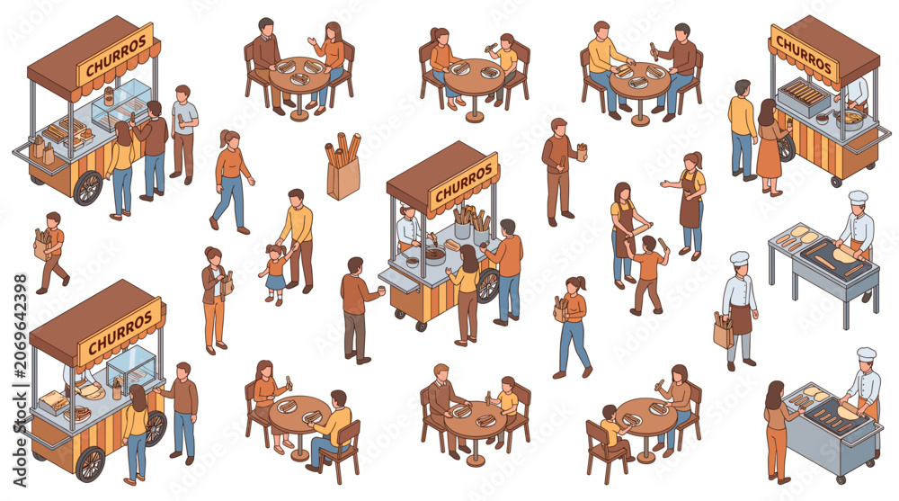 Fototapeta premium Isometric churro vector set of people buying and eating sweet pastry at street food cart. Vendor selling fried dough to characters sitting at tables.