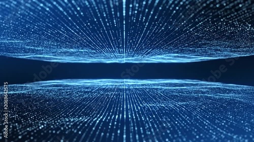 Abstract digital landscape of glowing blue particles with a central dark void