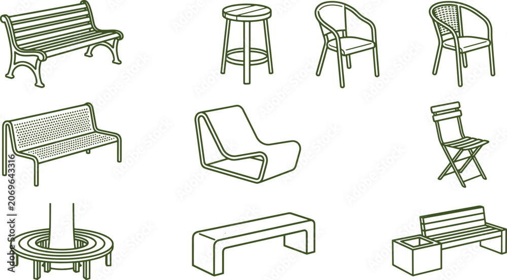 Fototapeta premium A collection of nine outdoor seating featuring benches, stools, chairs, and a circular tree bench in a green line format