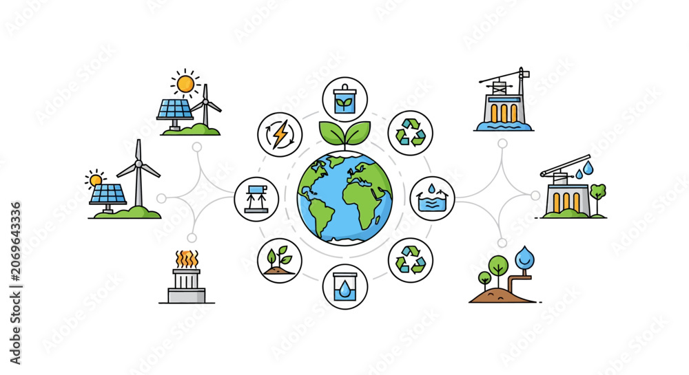 Fototapeta premium Eco friendly icons, sustainable energy symbols, green technology logos, environmental conservation graphics