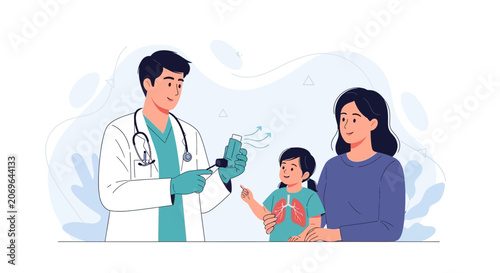 Doctor explains lung health to child and mother, illustrating respiratory care and medical consultation.
