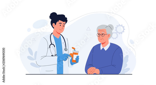 Doctor giving prescription to elderly woman, concept of healthcare, medicine, and consultation