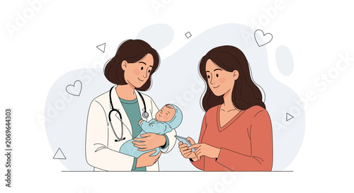 Doctor handing newborn baby to mother, illustration of healthcare, family, and new life