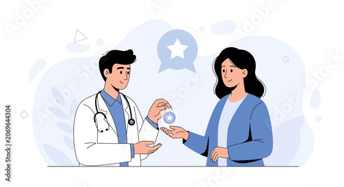 Doctor gives patient a star rating token, symbolizing excellent healthcare service and patient satisfaction.