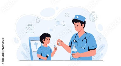Doctor giving medication to a child, healthcare concept illustration
